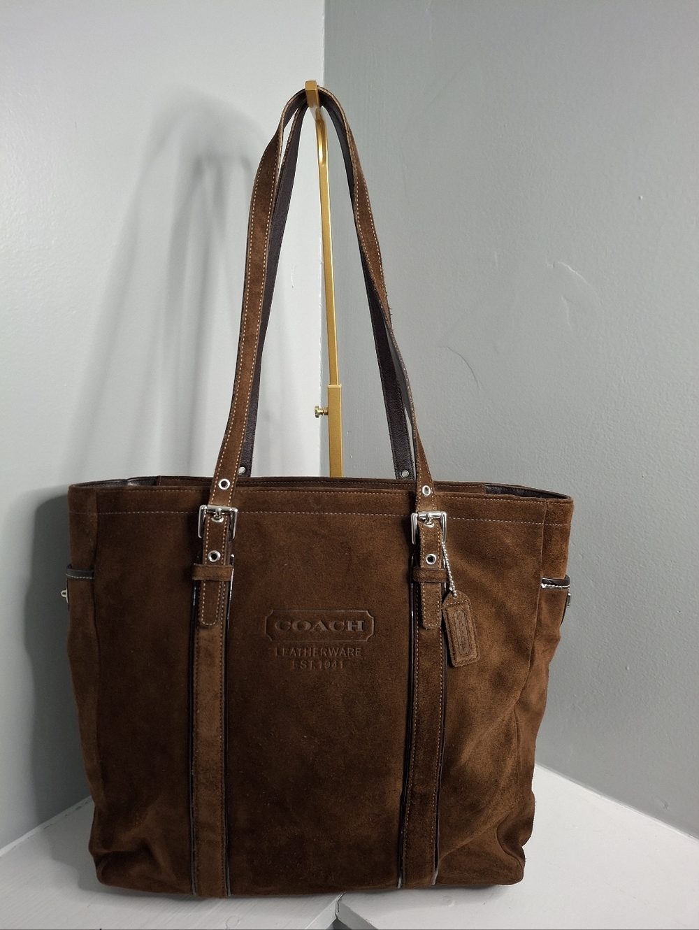 Coach Vintage Book Gallery Tote Brown Suede Leather Bag Y2K Turnlock EUC